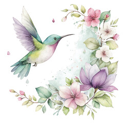 A colorful hummingbird flies near floral arrangement in watercolor style.
