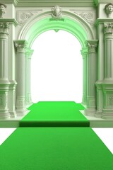 Fototapeta premium Green carpet leading to arched entrance with columns and ornate details studio shot architectural design element