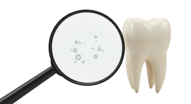 Isolated Detailed Tooth Examination with Magnifying Glass and Bubbles