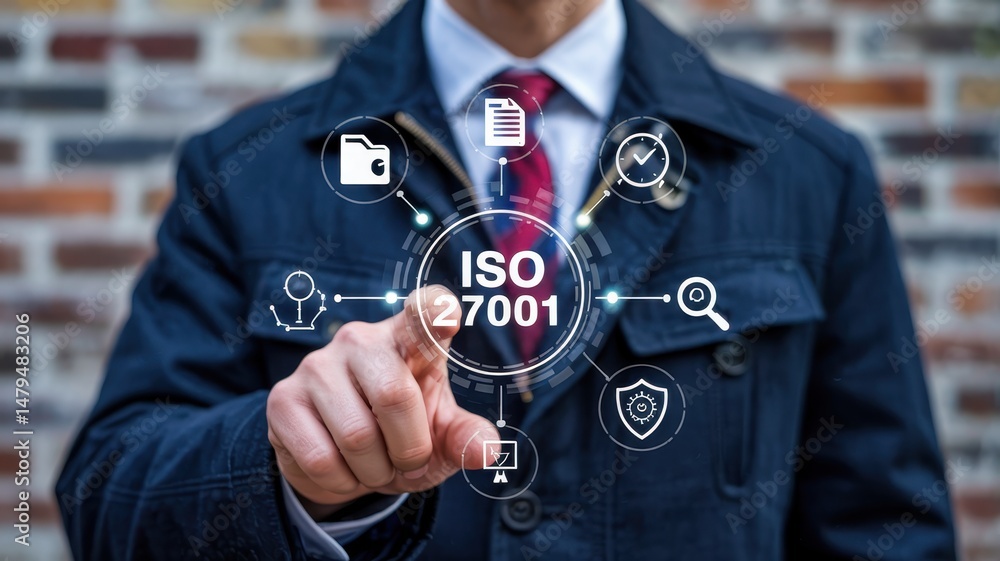 Poster man's hand points at an iso 27001 digital interface.