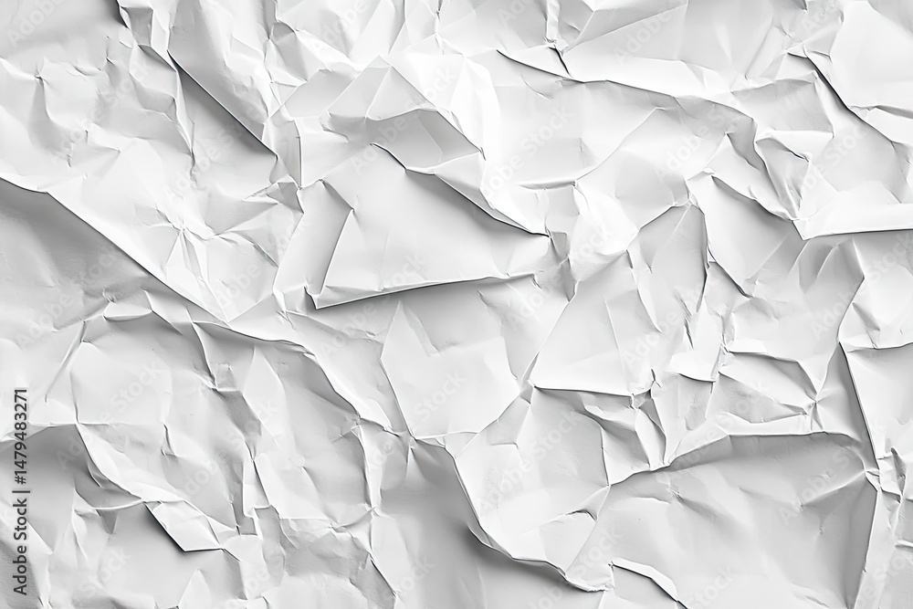 Poster a close-up view of crumpled white paper showcasing intricate textures and shadows. ideal for backgro