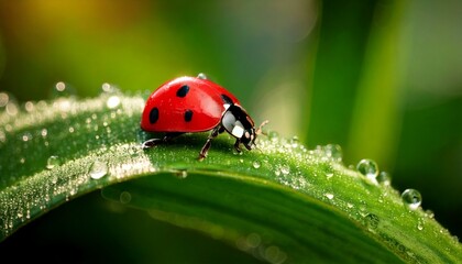 Primer plano de una mariquita posada sobre una hoja. Las gotas de rocío aportan un toque fresco a la escena. Elfo rojo; primer plano; enfoque selectivo.
