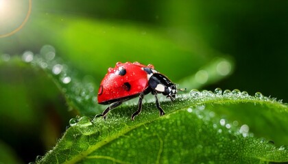 Primer plano de una mariquita posada sobre una hoja. Las gotas de rocío aportan un toque fresco a la escena. Elfo rojo; primer plano; enfoque selectivo.