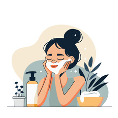Girl washing foam face with bubbles, clean and skin care. Young woman applying cleansing beauty product soap, scrub, gel, foam on cheeks. Skincare daily routine, hygiene. Vector flat illustration