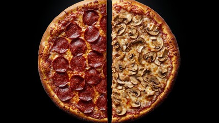 A pizza that is half pepperoni and half mushroom, a delicious and contrasting culinary creation