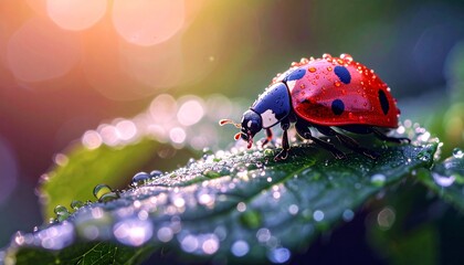 Primer plano de una mariquita posada sobre una hoja. Las gotas de rocío aportan un toque fresco a la escena. Elfo rojo; primer plano; enfoque selectivo.
