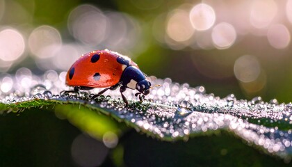 Primer plano de una mariquita posada sobre una hoja. Las gotas de rocío aportan un toque fresco a la escena. Elfo rojo; primer plano; enfoque selectivo.