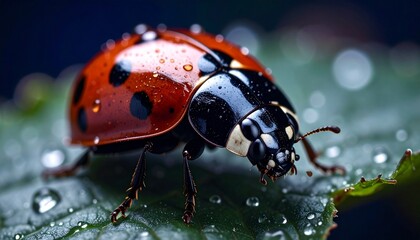 Primer plano de una mariquita posada sobre una hoja. Las gotas de rocío aportan un toque fresco a la escena. Elfo rojo; primer plano; enfoque selectivo.