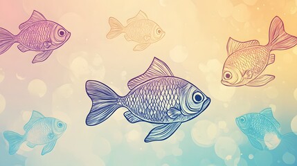 Line-art cartoon fish on a faded pastel gradient background