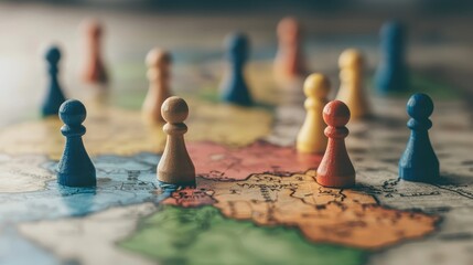 Wooden game pieces stand on a colorful map, representing strategy, planning, and geographical concepts.