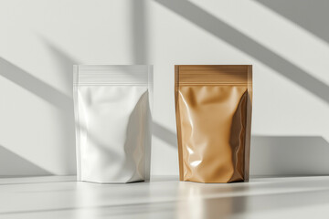 White and brown stand-up pouches on table with window shadows