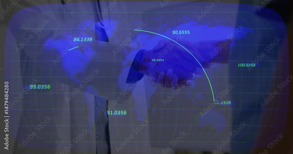 Poster Business partners conducting handshake exchanging data displaying map overlay with numeric points