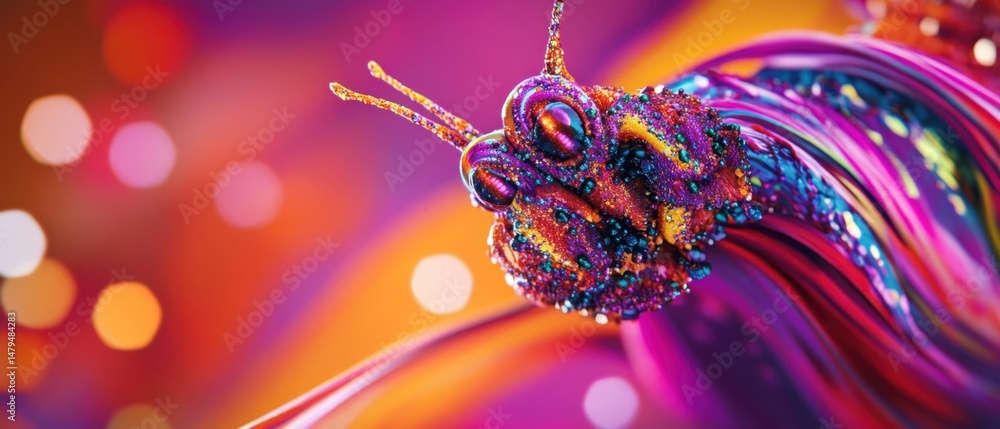 Poster abstract mantis head close-up with vibrant colors and bokeh lights in a macro style for art and desi
