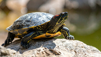 Fototapeta premium Pond slider turtle perched on a rock, basking in sunlight, with a blurred background