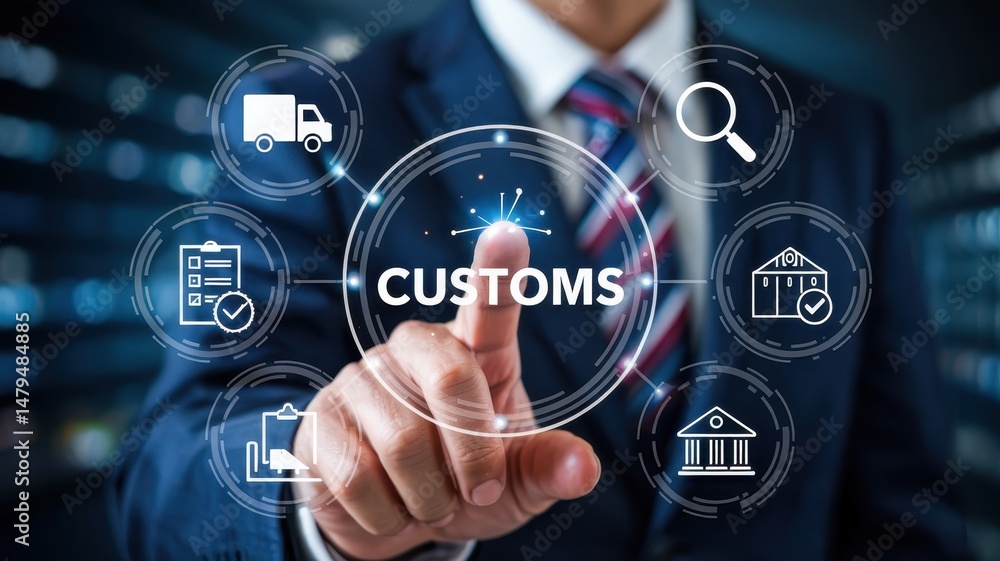 Poster businessman interacting with digital customs interface.