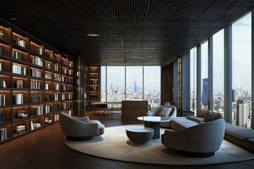 A bright and airy living room with large windows showcasing a Parisian street view. featuring a cozy seating area and a bookshelf filled with books. perfect for relaxation