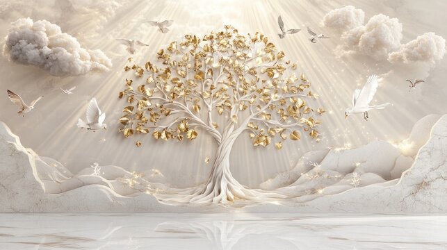 Golden Tree of Life: A radiant golden tree stands tall, bathed in ethereal light, with doves soaring around it, symbolizing hope, peace, and spiritual growth.