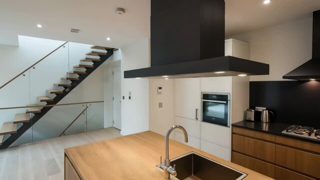 Modern kitchen interior with wooden island, black extractor hoods, and staircase with glass railing