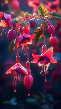 Vibrant pink fuchsia blossoms suspended against a dark background display delicate, water-droplet-shaped petals