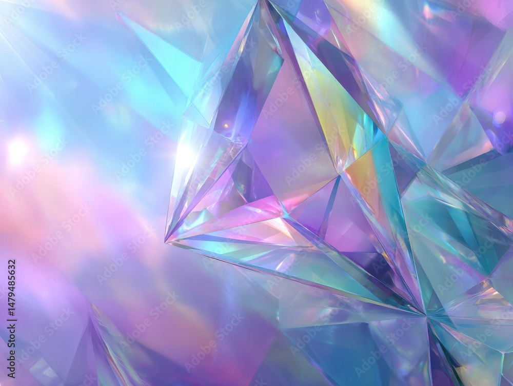 Poster abstract pastel background with shimmering crystal and geometric shapes reflecting light in soft col