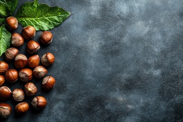 Obraz premium A close-up view of freshly harvested hazelnuts scattered on a textured dark surface. accompanied by vibrant green leaves. ideal for culinary and health-related content