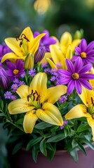 Obraz premium Inside a pot, an assortment of brightly colored flowers, including yellow lilies, bloom together, forming a striking contrast against a dark backdrop