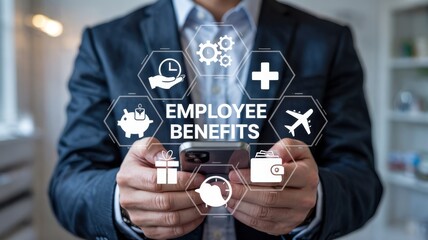 Businessman holding phone displaying employee benefits.