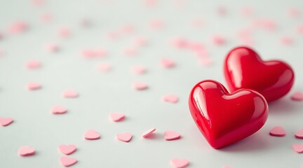 Valentine's day: two red hearts with pink confetti background