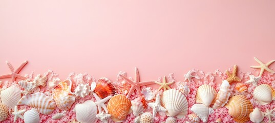 Obraz premium A serene arrangement of various seashells. starfish. and coral on a soft pink background. evoking a tranquil beach scene perfect for summer-themed projects