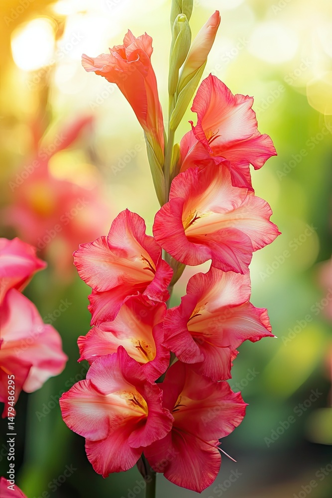 Poster vibrant red gladiolus flowers bloom majestically in a lush garden setting. surrounded by greenery an