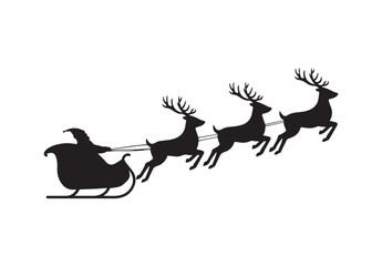 Obraz premium Santa Claus Sleigh Silhouette with Reindeers. Christmas Vector Illustration.