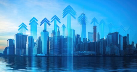 Obraz premium A serene city skyline reflecting on calm water at dawn. showcasing modern architecture and a tranquil atmosphere. ideal for urban-themed projects and backgrounds