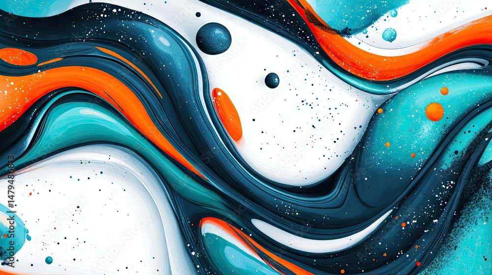 Poster abstract swirling patterns of vibrant turquoise. orange. and white paint create a dynamic visual eff