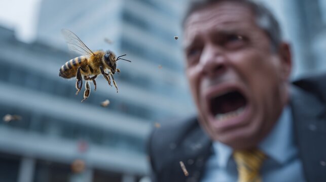 Fear of Bees: A business man screams in terror as a bee approaches. Pollen in the air adds to the tension in this humorous image.