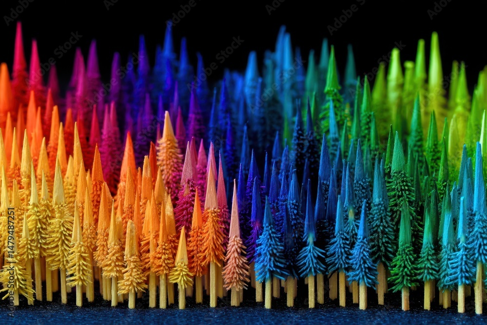 Poster a row of colorful trees made out of toothpicks