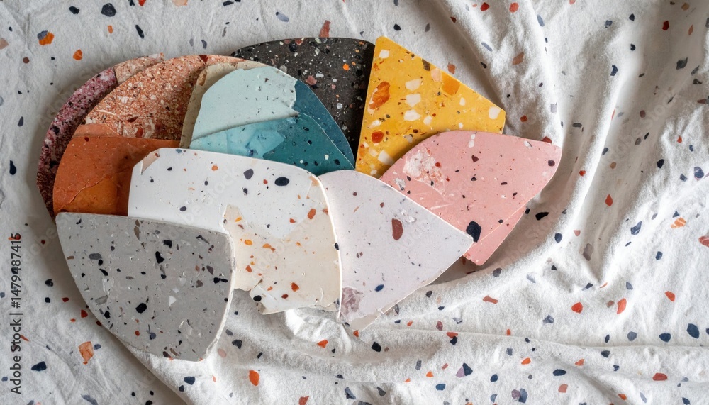 Aufkleber colorful terrazzo patterns in modern design studio setting photography creative environment aestheti