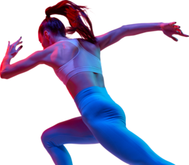 Back view of sportive woman, professional athlete, runner in motion, training isolated on transparent background in neon light. Concept of sportive lifestyle, health, endurance, action and motion. Ad