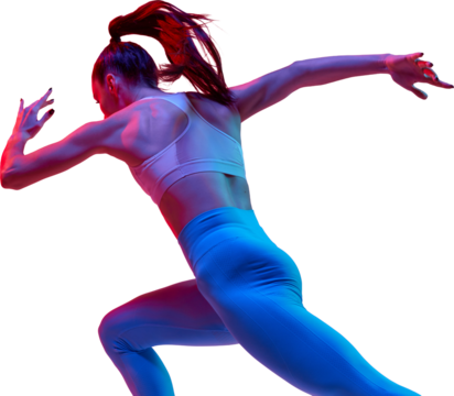 Back view of sportive woman, professional athlete, runner in motion, training isolated on transparent background in neon light. Concept of sportive lifestyle, health, endurance, action and motion. Ad