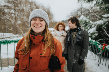 A group of friends smiling and posing outdoors during a snowy winter day, surrounded by festive garlands and enjoying the holiday atmosphere together. The setting captures warmth and companionship in
