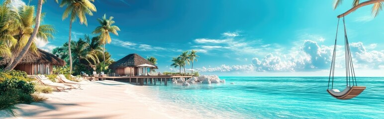 A serene tropical beach scene featuring a hammock swaying gently between palm trees. with a picturesque overwater bungalow in the background under a clear blue sky