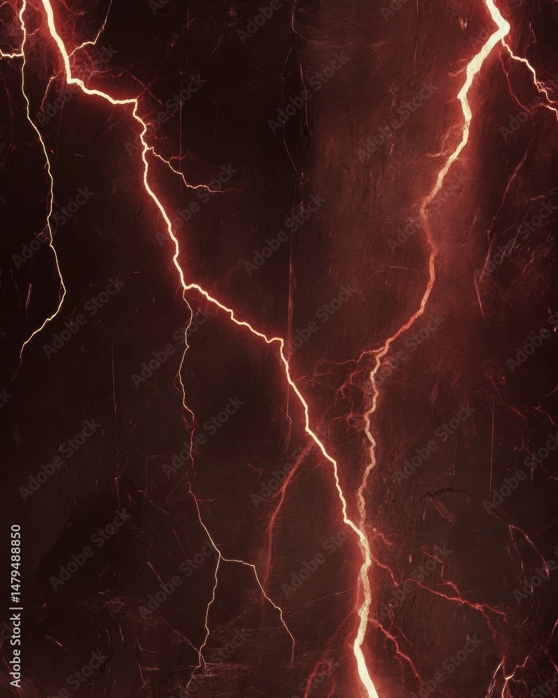 Poster dramatic close-up of red lightning bolts striking a dark surface creating a powerful and intense abs
