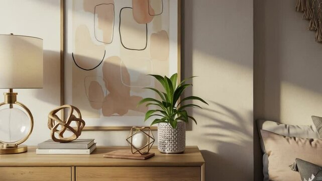 Lamp and plant adorn a wooden dresser beneath abstract art in a cozy bedroom setting