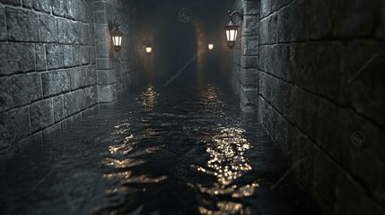 Flooded stone tunnel passageway