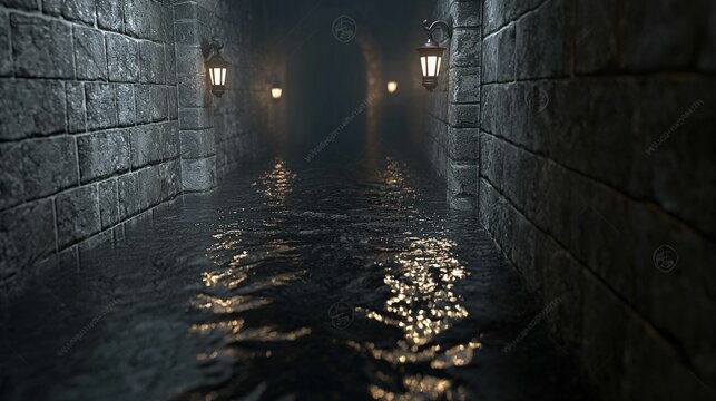 Fototapeta Flooded stone tunnel passageway