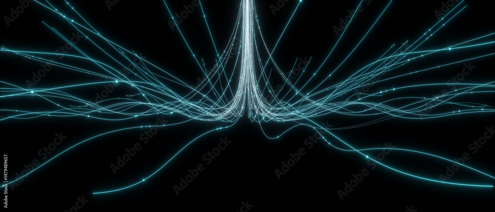 Fototapete 3D rendering glowing lines converging into central beam of light on black background