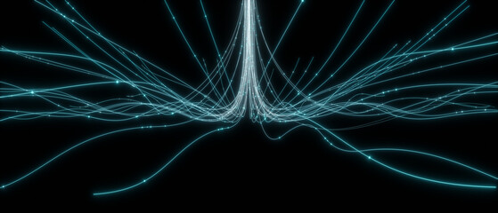 3D rendering glowing lines converging into central beam of light on black background