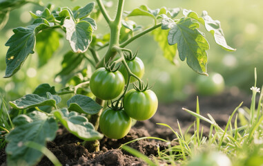 Fototapeta premium Tomato plants thrive in fertile soil, surrounded by wild grass. Green, unripe tomatoes hang beneath imperfect leaves, adding a raw, natural touch. Bright lighting enhances the fresh, organic feel.