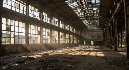 Exploring Abandoned Factory Interior with Broken Windows and Sun Rays