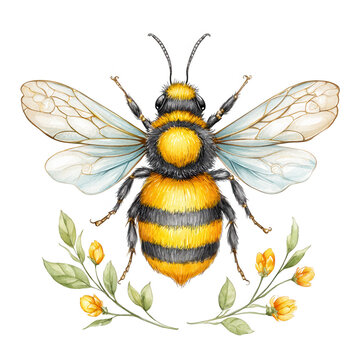 A hand drawn watercolor painting of a bumblebee with floral decorations.