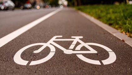 Obraz premium white bicycle sign painted on asphalt road, city cycling concept